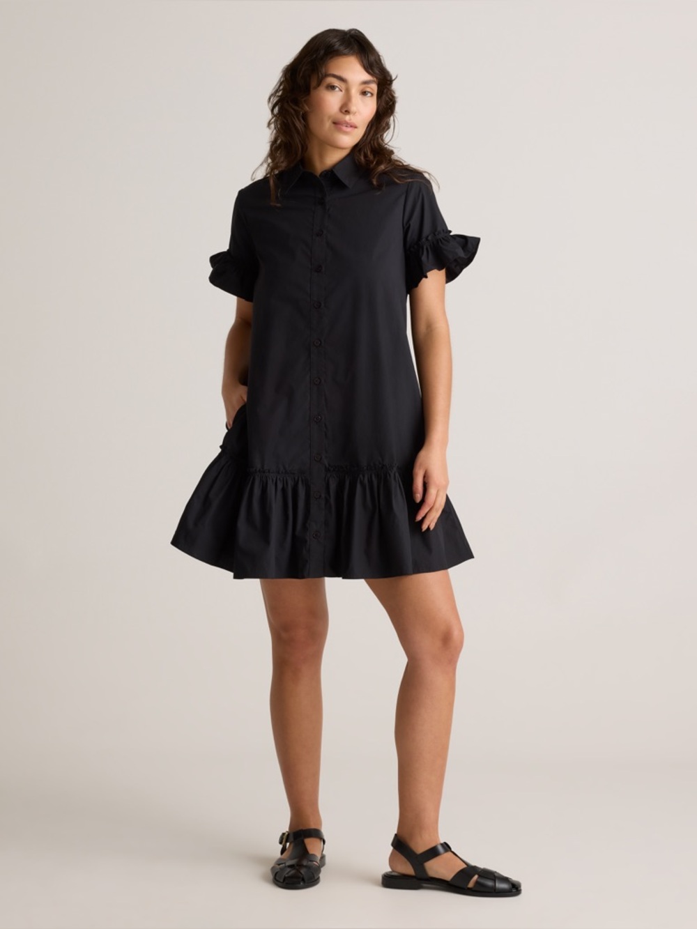 Quince 100% organic cotton poplin short sleeve ruffle shirt dress black MEDIUM